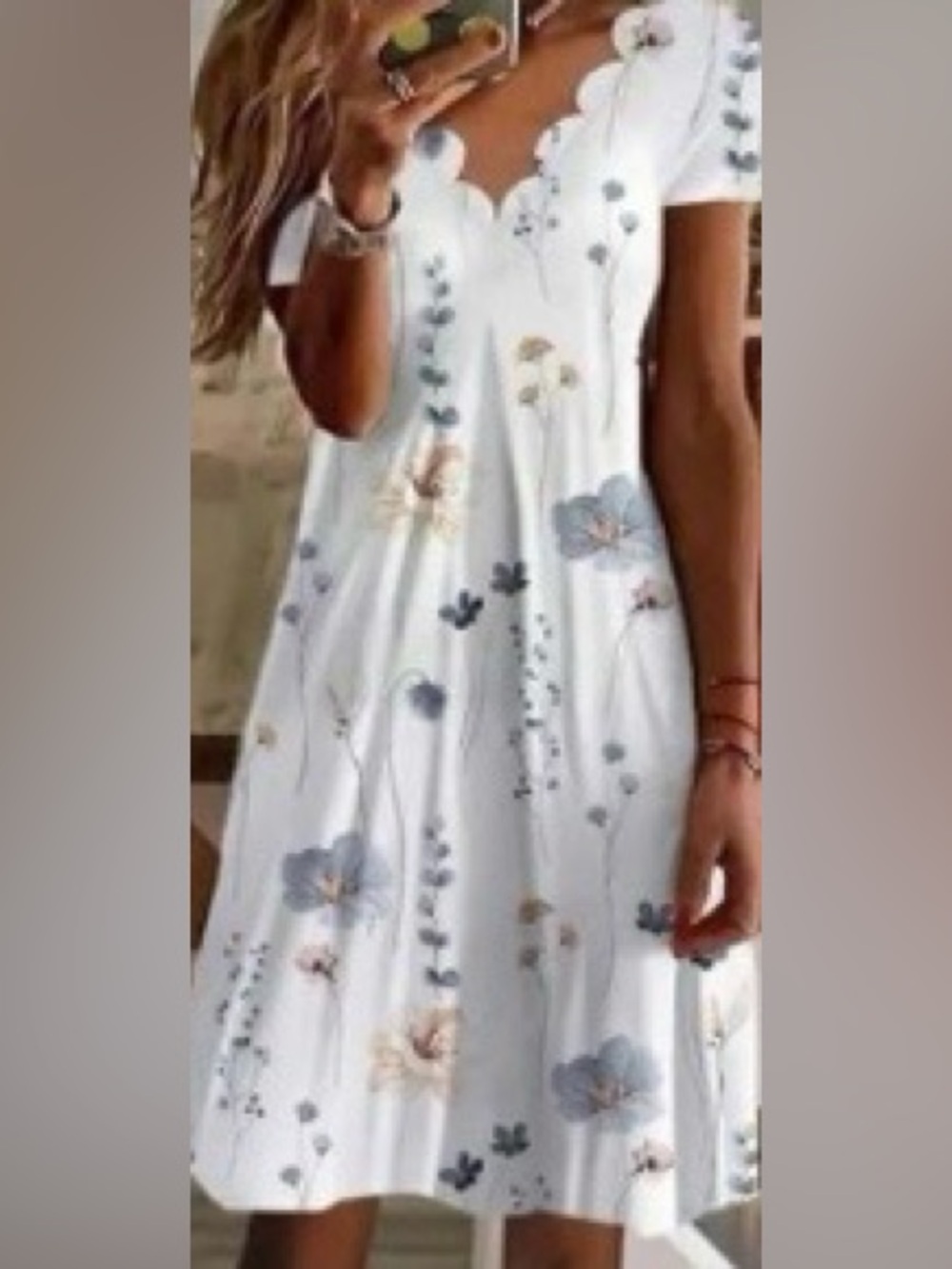 White Floral Scallop V-Neck Summer Dress